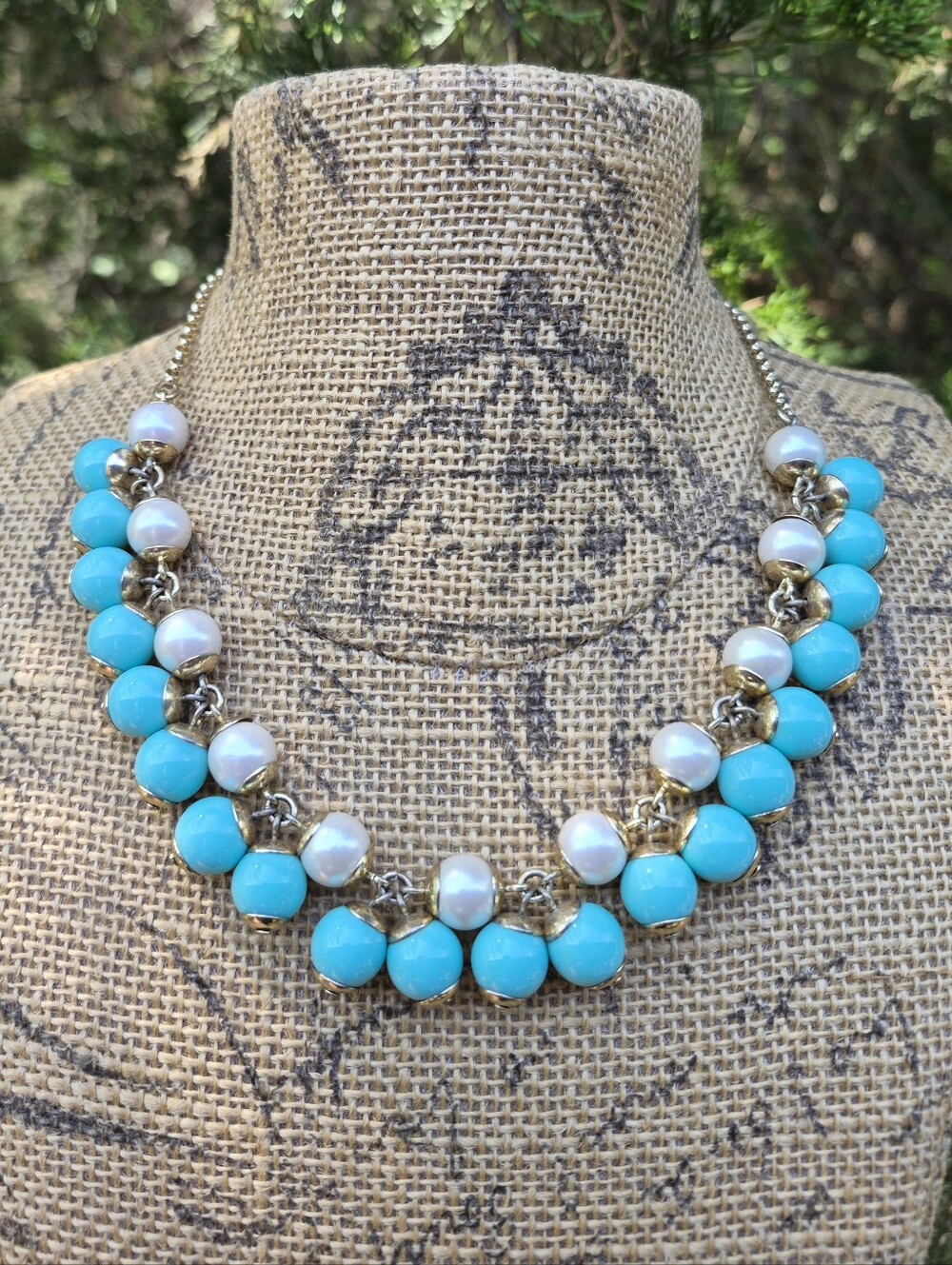 J Crew Faux Pearl Turquoise Chacha Bauble Necklace Adjustable Gold 18.5-21.5"